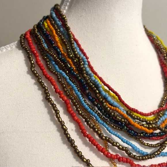 Multi Strand Seed Beads Necklace Multicolored Cascade Ethnic Boho Necklace - Picture 5 of 9